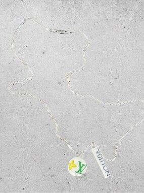 Louis Vuitton Silver Necklace with Yellow Flower & Green LV Charm